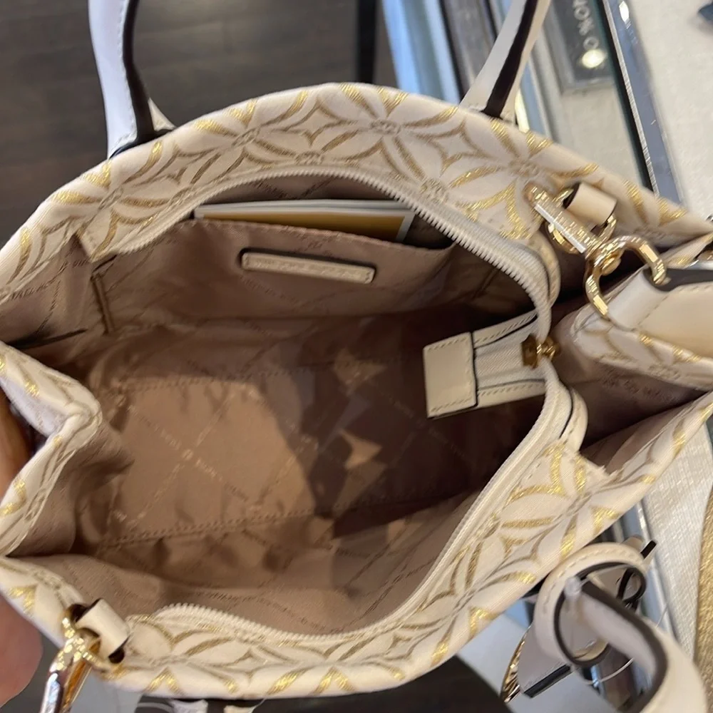 Michael Kors Mirella Small Metallic Logo Jacquard Crossbody Bag Light Cream  NWT
